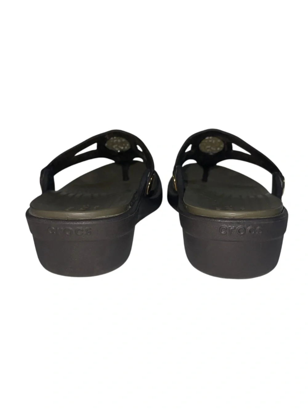 CROCS Sanrah Women Sz 5 Brown Gold Hammered Circle Rings Wedge Sandals Shoes